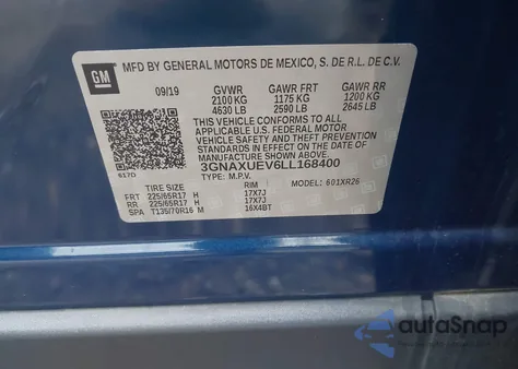 2020 Chevrolet Equinox Awd Lt 1.5L Turbo from USA, damaged, VIN 3GNAXUEV6LL168400